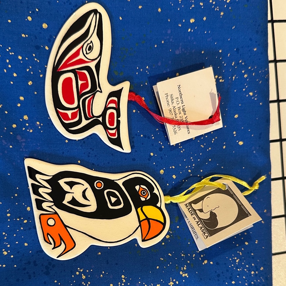 Handcrafted Puffin & Whale Bird Toys — White, Black, Orange, Red
